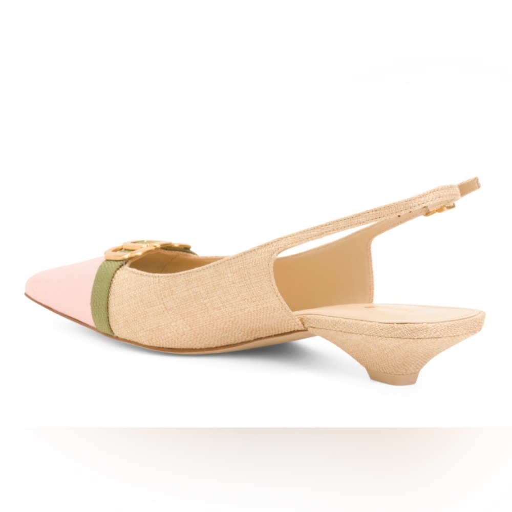 LARROUDÉ Franca Slingback Pumps – Beige Raffia w/ Pink Toe - Picture 2 of 6